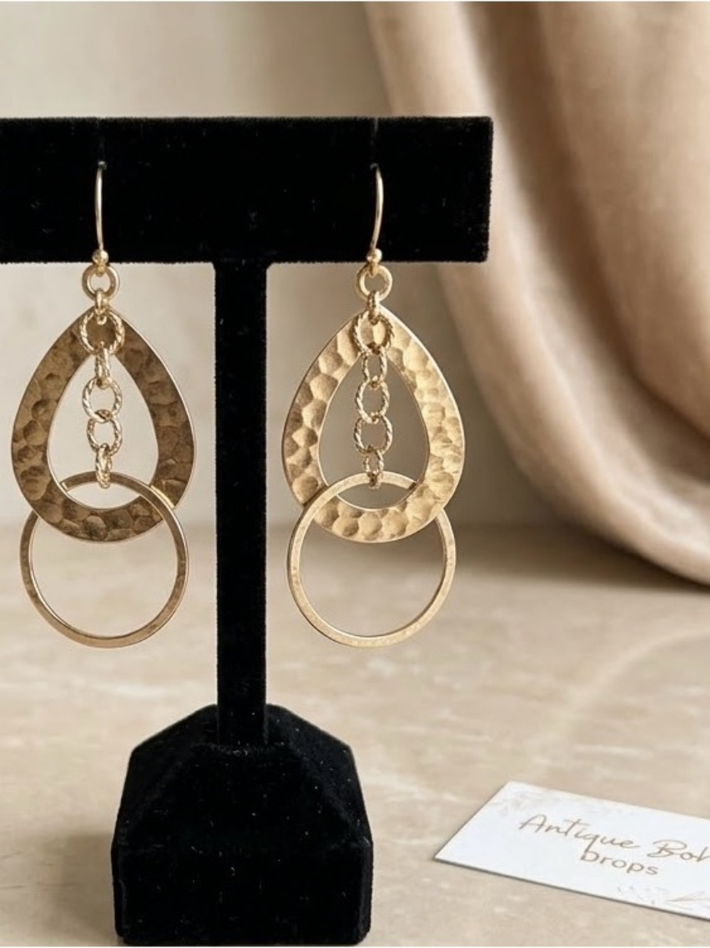 Gold Hammered Teardrop Dangle Earrings -